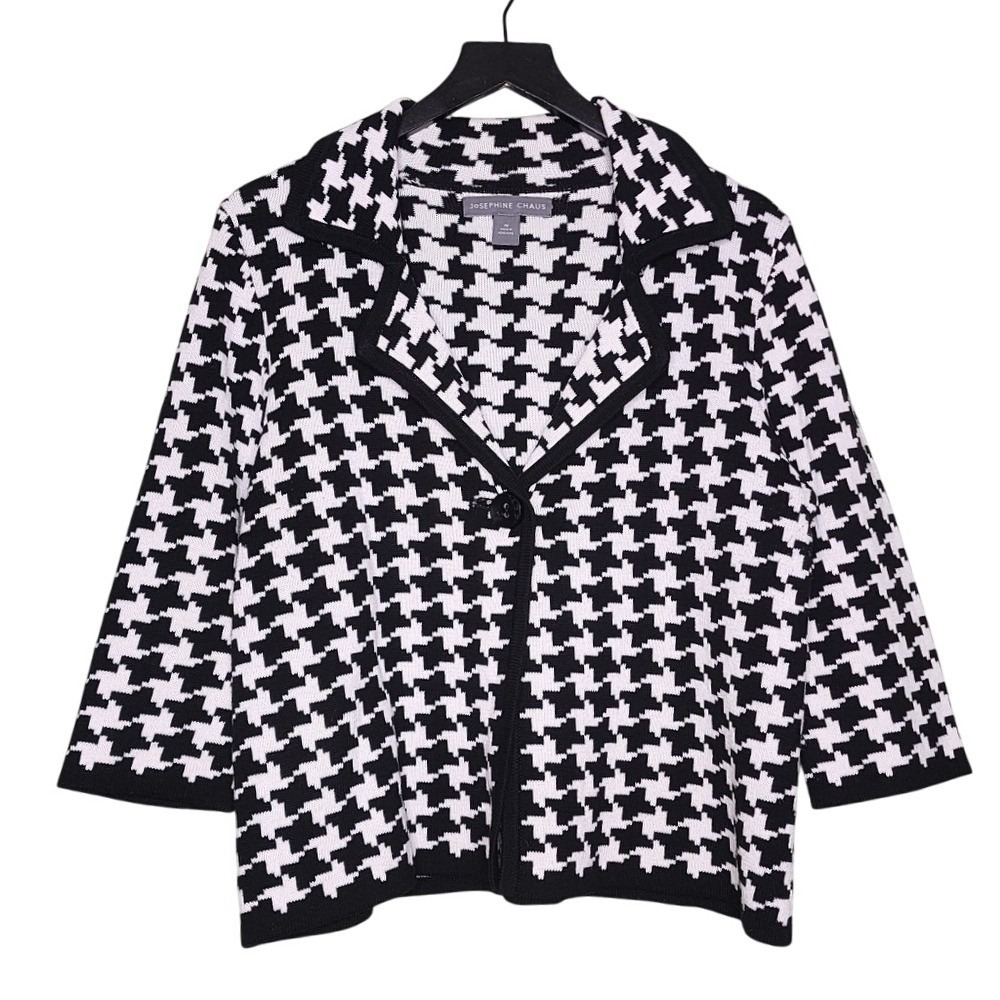 Josephine Chaus Knit Sweater Cardigan Blazer Houndstooth Black White 3/4 Sleeve‎